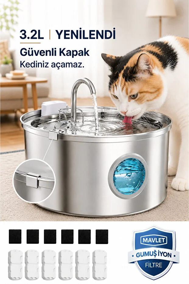 3.2L Paslanmaz Çelik Otomatik Evcil Hayvan Su Sebili + 6 Filtre Seti (USB Girişli, Adaptör İçermez) 3.2L Paslanmaz Çelik Otomatik Evcil Hayvan Su Sebili + 6 Filtre Seti (USB Girişli, Adaptör İçermez)